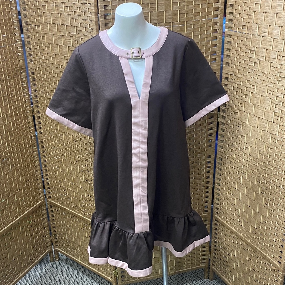 Maeve Brown Midi Dress with Pale Pink Trim